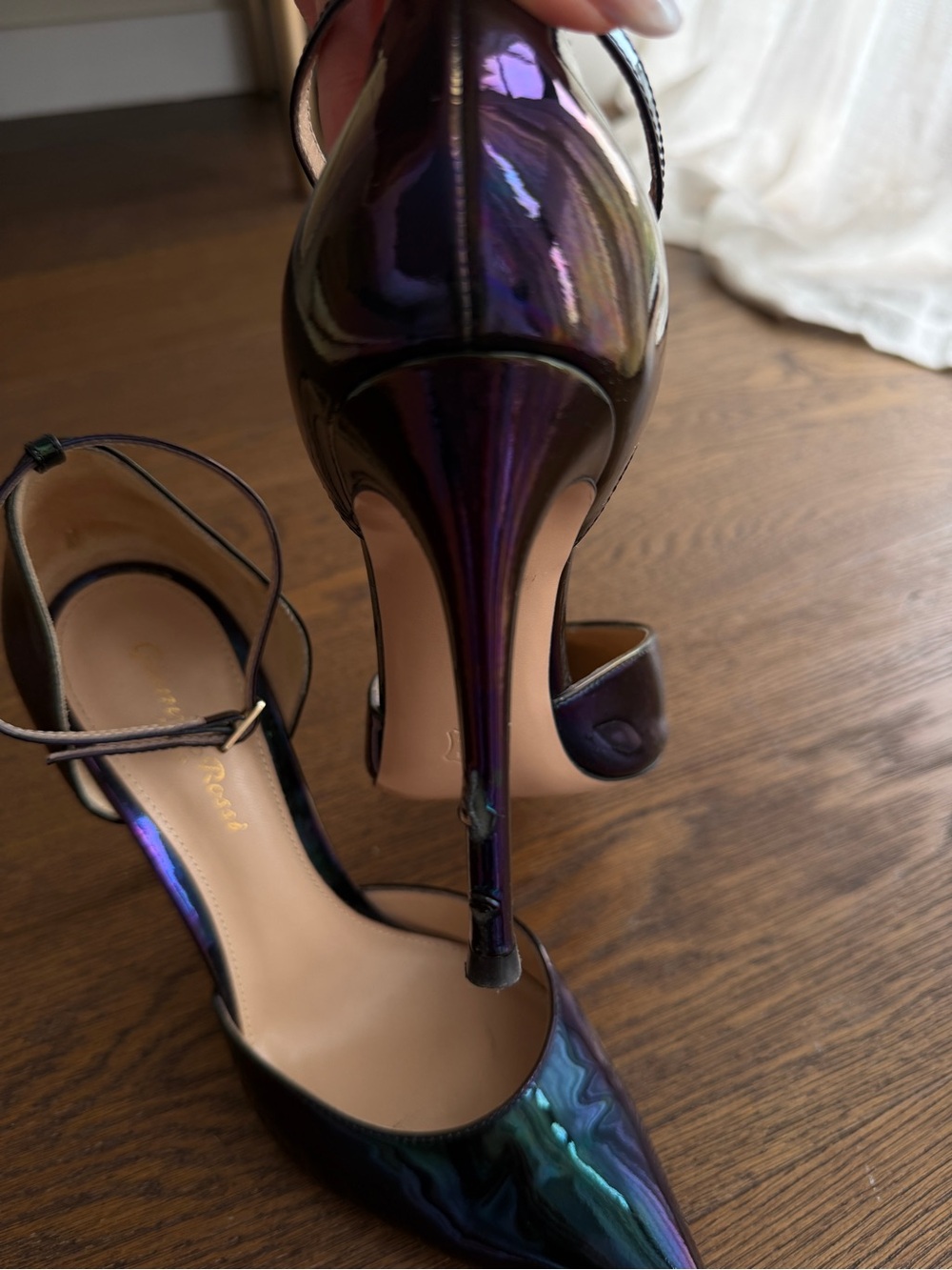 Gianvito Rossi Iridescent Black Pointed Ankle-Strap Stilettos Size 37 in Box - Picture 7 of 9